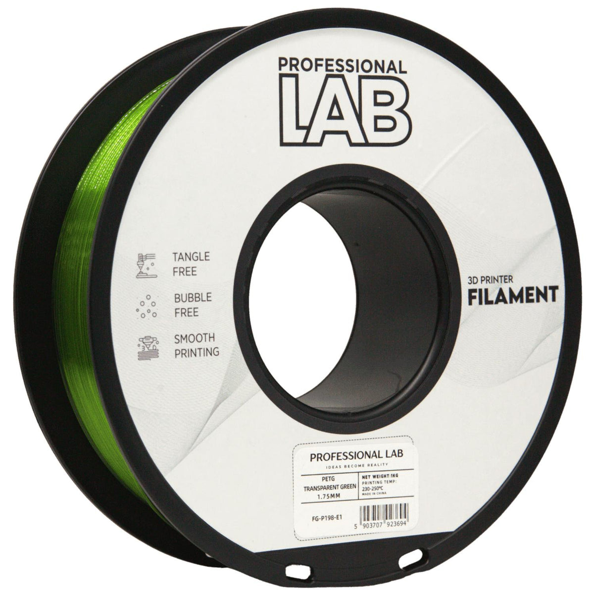 Spool of PETG transparent green filament, Prof. Lab, 1.75 mm