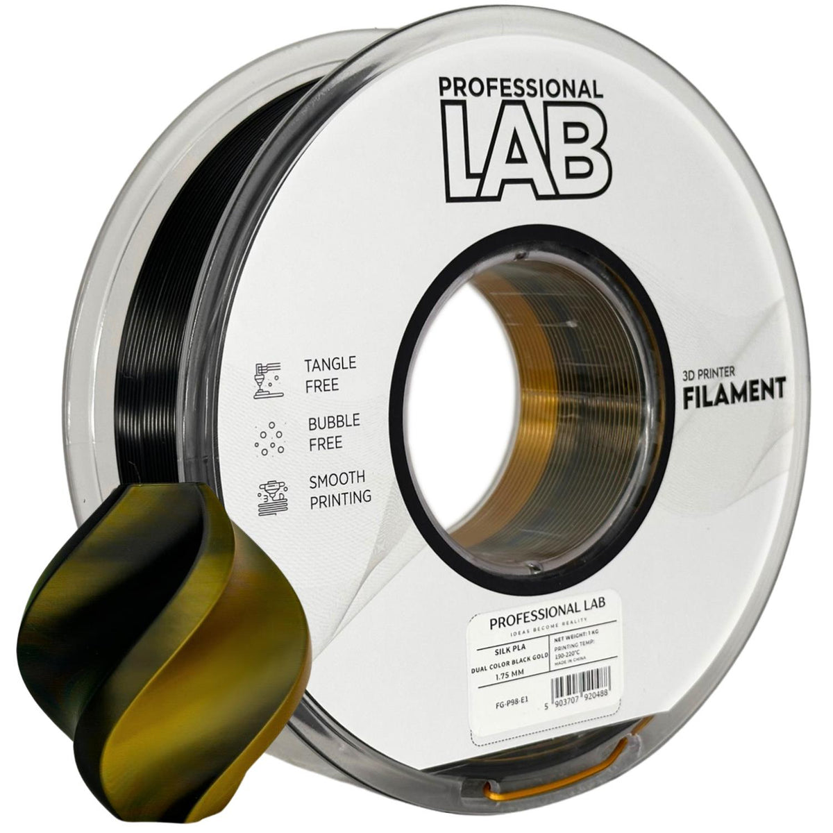 Spool of Silk PLA Dual Color black gold filament, Prof. Lab, 1.75 mm