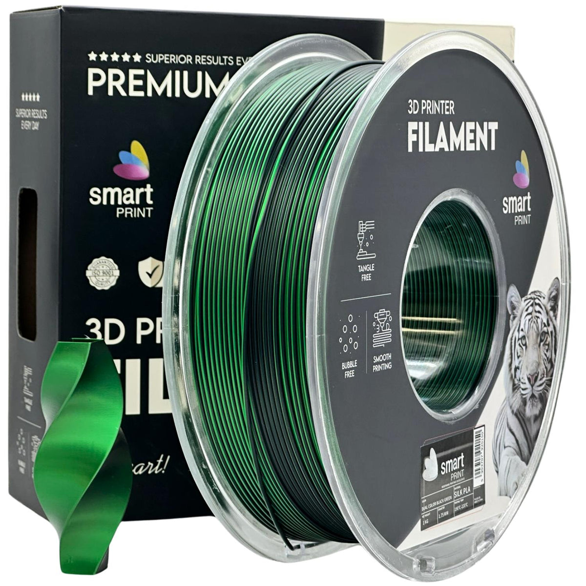 Silk PLA Zweifarbig Schwarz Grün Filament Spule, Smart Print, 1,75 mm