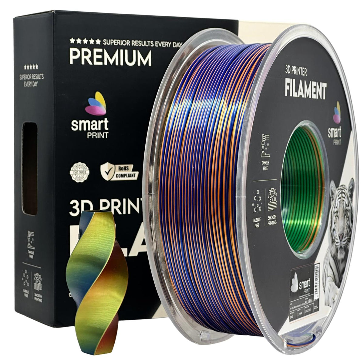 Silk PLA Dreifarbig Orange Blau Grün Filament Spule, Smart Print, 1,75 mm