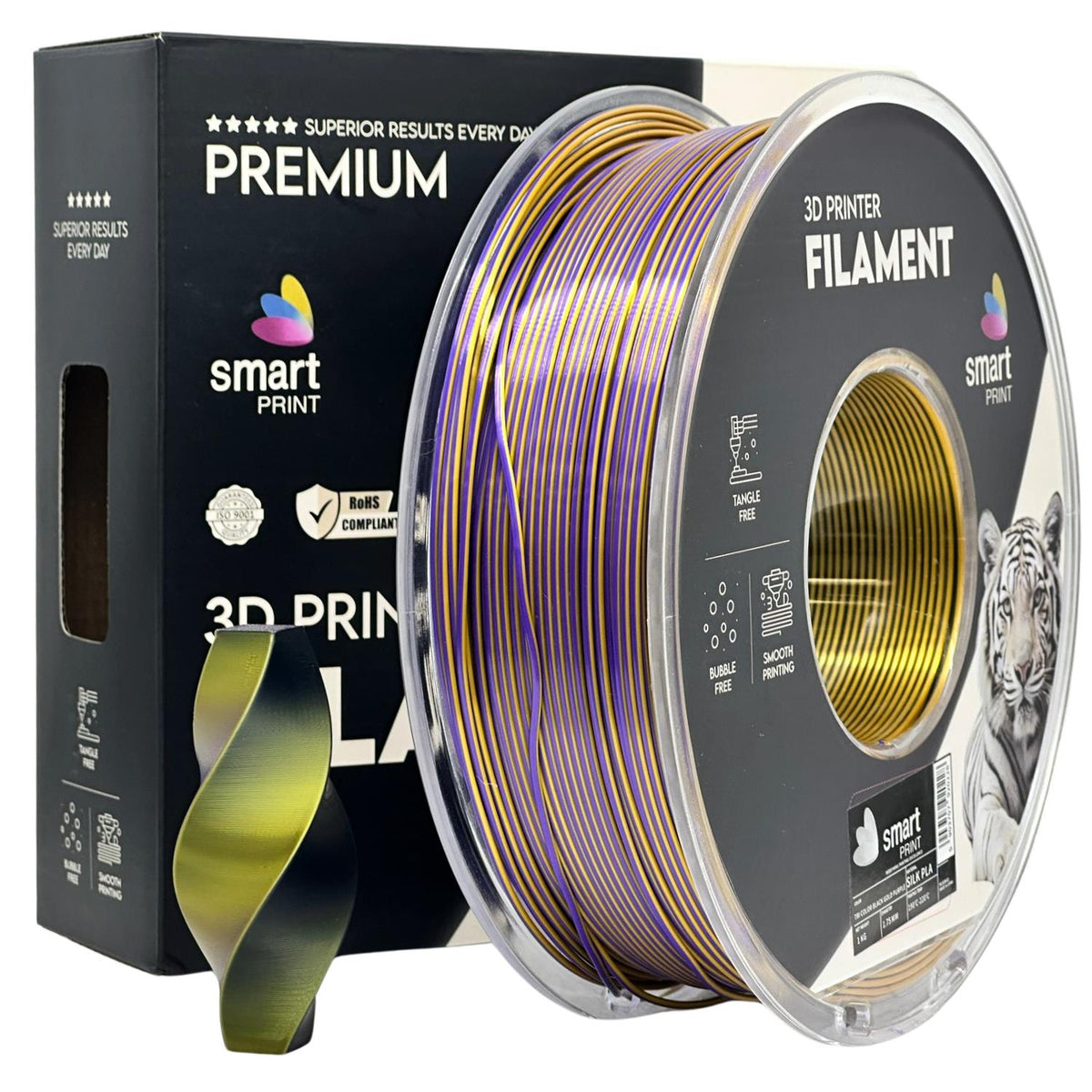 Spool of Silk PLA Tri Color black gold purple filament, Smart Print, 1.75 mm