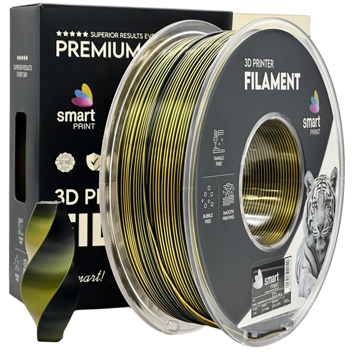 Silk PLA Zweifarbig Schwarz Gold Filament Spule, Smart Print, 1,75 mm